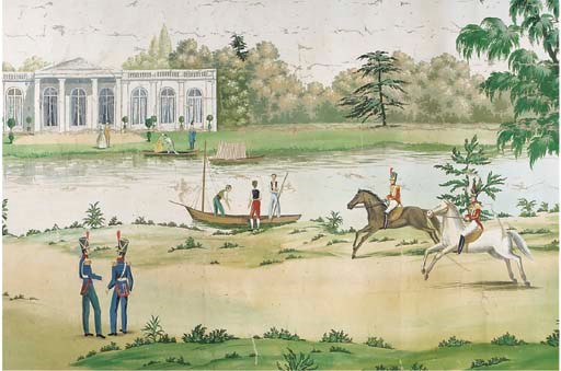 A gouache painted canvas panoramique wallpaper panel