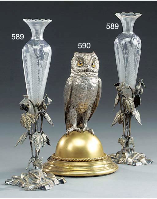 A Victorian silvered and gilt bronze inkstand modelled as an owl