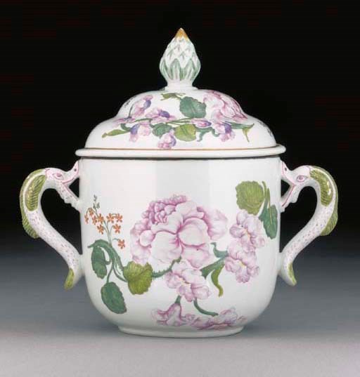 A Vienna (du Paquier) two-handled Ollio-pot and cover