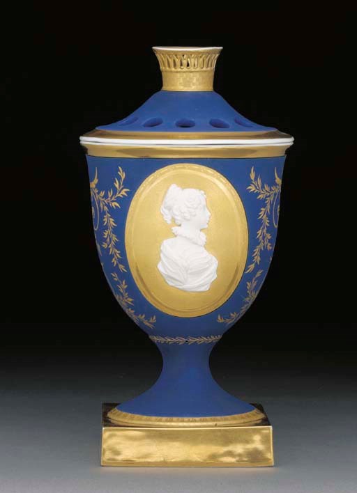 A Berlin (KPM) matt blue-ground pot-pourri vase and cover