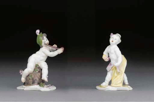 Two Nymphenburg figures of putti emblematic of Mercury and Flora from the Series of Putti as Olympian gods