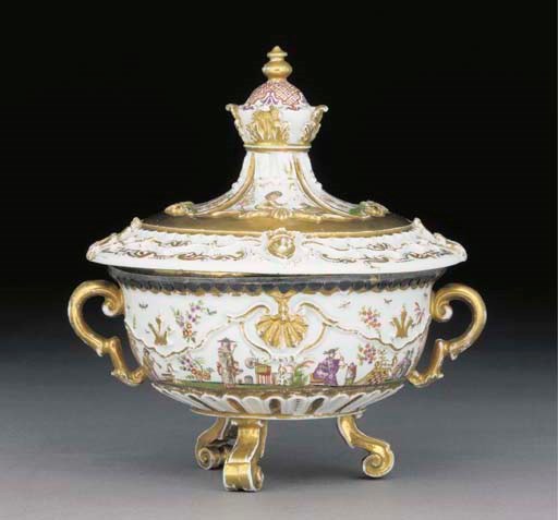A Meissen Hausmalerei silver-gilt mounted two-handled small tureen and cover