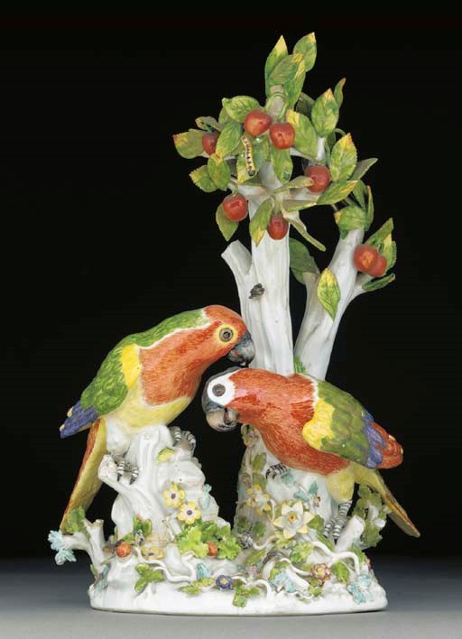 A Meissen group of two South American Parrots