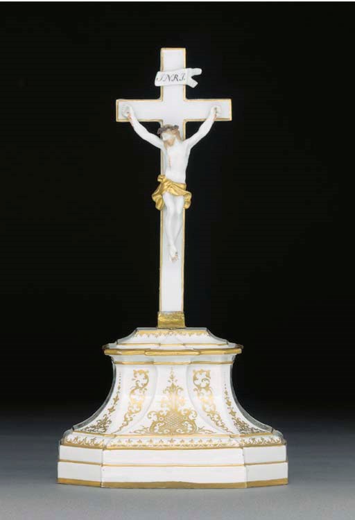 A Meissen gilt-metal mounted crucifix and stand