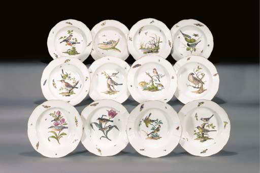 Twelve Meissen ornithological soup-plates