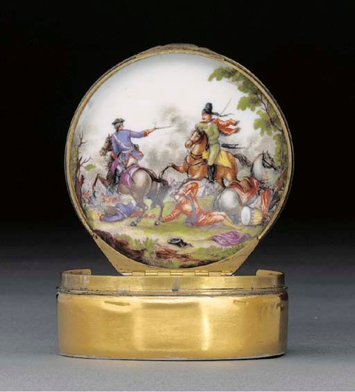 A Meissen gilt-metal mounted circular snuff-box