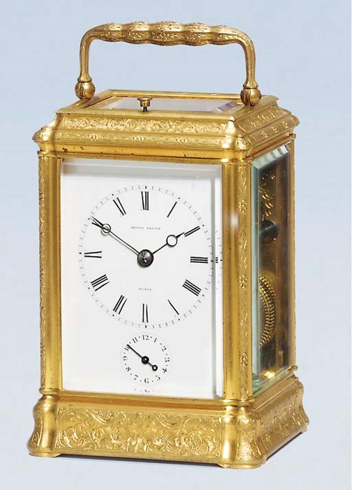A French engraved gilt-brass striking and repeating small carriage clock with alarm