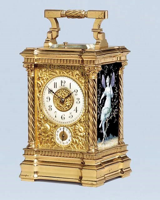 A French brass and Limoges enamel striking and repeating carriage clock with alarm