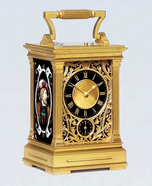 A French gilt-brass and Limoges enamel mounted striking and repeating carriage clock with alarm