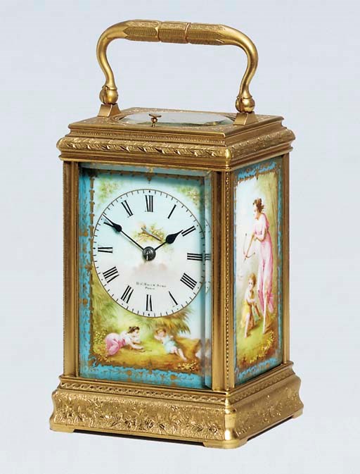 A French engraved gilt-brass and porcelain-mounted striking and repeating carriage clock