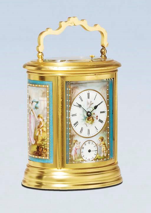 A French gilt-brass and porcelain-mounted striking and repeating carriage clock with alarm