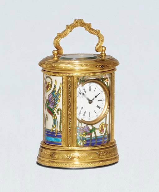 A French engraved brass and cloisonné enamel miniature carriage timepiece