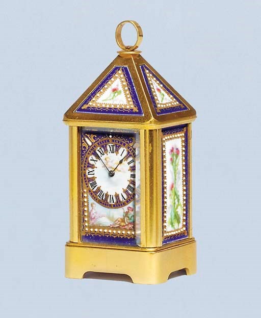 A French gilt-brass and porcelain-mounted miniature carriage timepiece