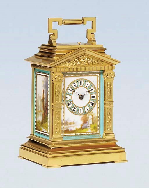A French gilt-brass and porcelain-mounted striking and repeating carriage clock