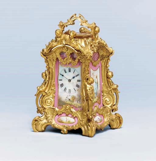 A French gilt-brass and porcelain-mounted striking and repeating giant carriage clock with alarm