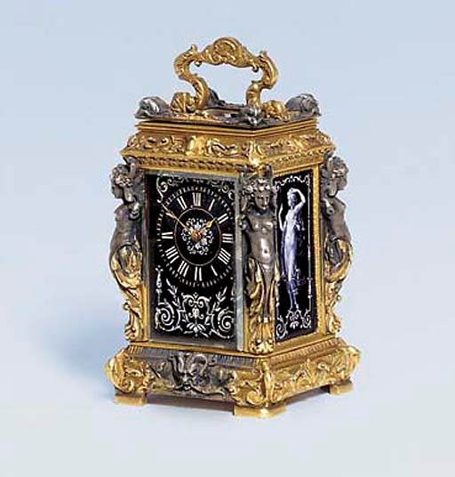 A French parcel-silvered, gilt-brass and Limoges enamel mounted miniature carriage timepiece