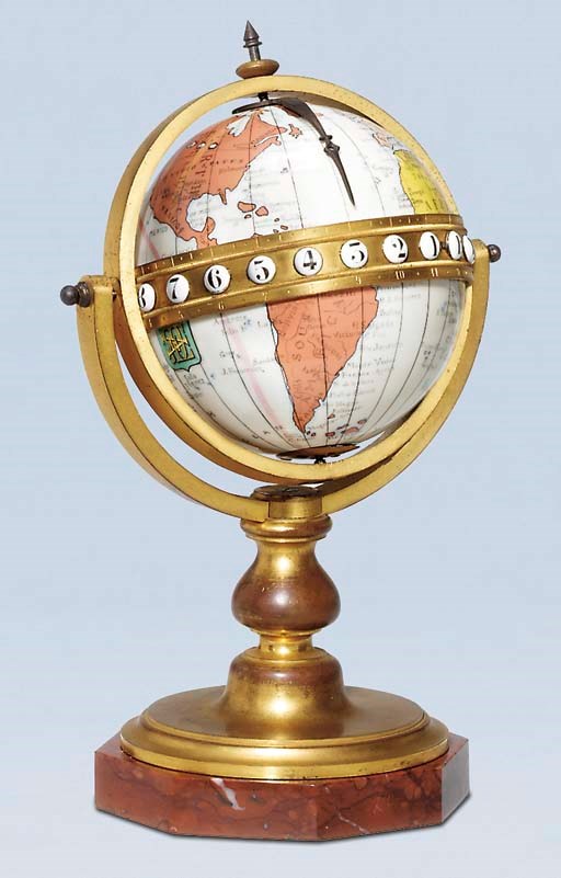 A French porcelain, gilt-brass and rouge griotte marble novelty globe timepiece