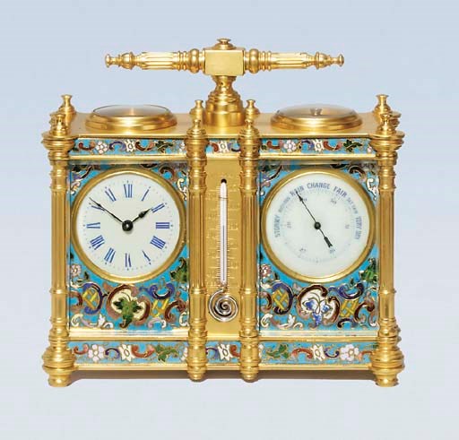 A French gilt-brass and champlevé enamel combination carriage timepiece with barometer, thermometer and compass