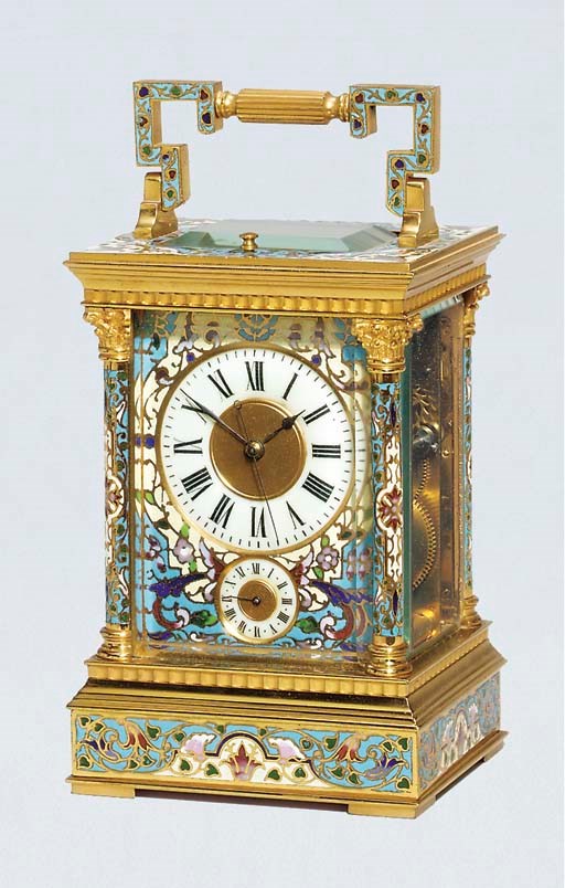 A French brass and champlevé enamel petite sonnerie carriage clock with alarm, for the Chinese market
