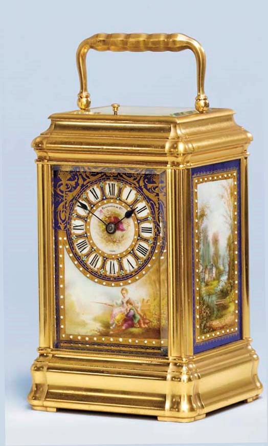 A French gilt-brass and porcelain-mounted striking and repeating giant carriage clock
