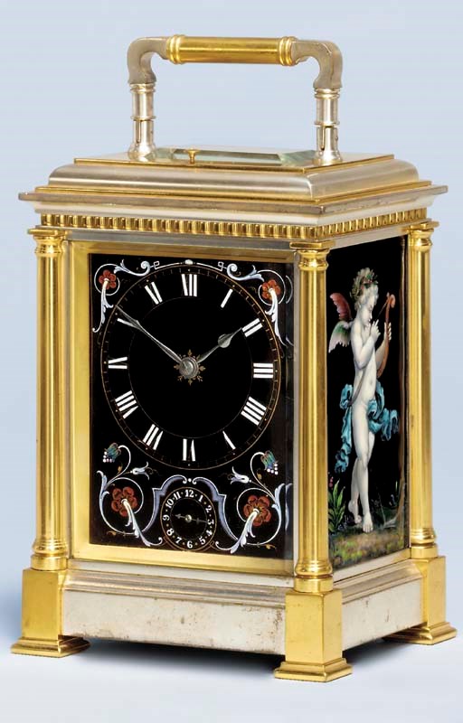 A French parcel-silvered, gilt-brass and Limoges enamel mounted grande sonnerie giant carriage clock with alarm