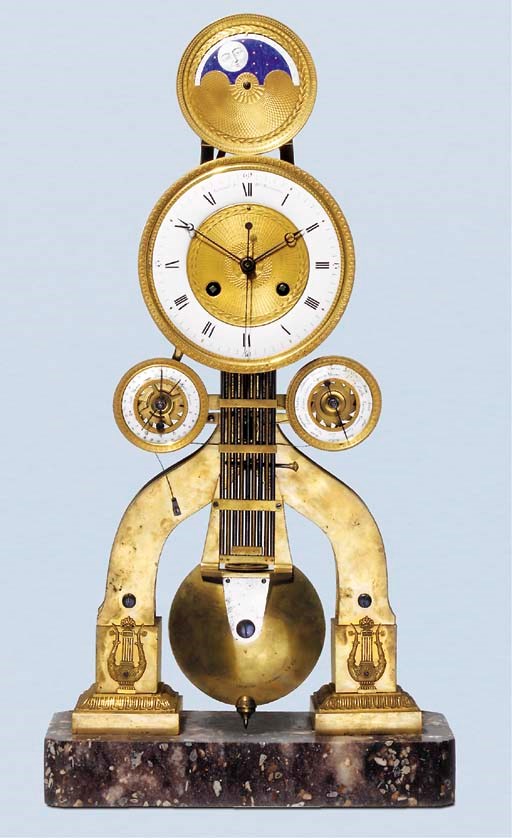 A RESTAURATION ORMOLU-MOUNTED BRASS AND BRECHE VIOLETTE MARBLE MONTH-GOING CALENDRICAL STRIKING SKELETON CLOCK WITH MOONPHASE