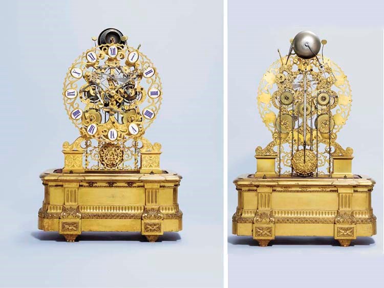 A fine Victorian engraved gilt-brass quarter-chiming and musical skeleton clock of Exhibition quality