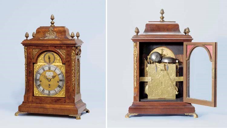 A George III mahogany and brass-mounted quarter-chiming table clock