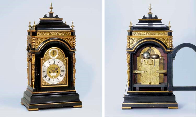 A George III ebonised, giltwood and brass-mounted striking table clock