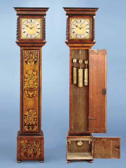 A Charles II walnut and floral marquetry grande sonnerie, month-going longcase clock with 1¼ seconds pendulum
