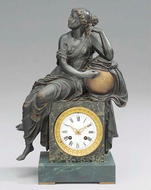 A Napoleon III bronze, ormolu and marmo verde antico figural striking mantel clock, circa 1860