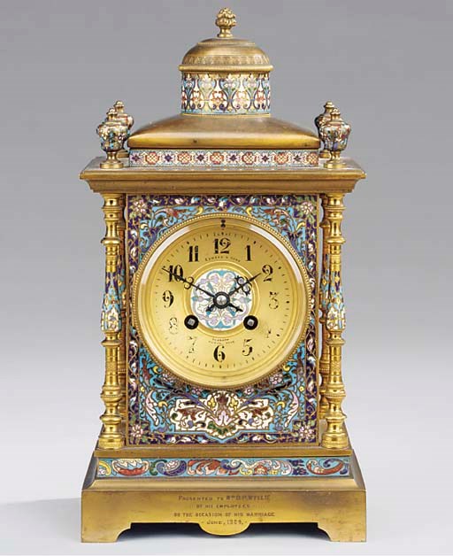A French gilt-brass and champlevé enamel striking mantel clock, circa 1900