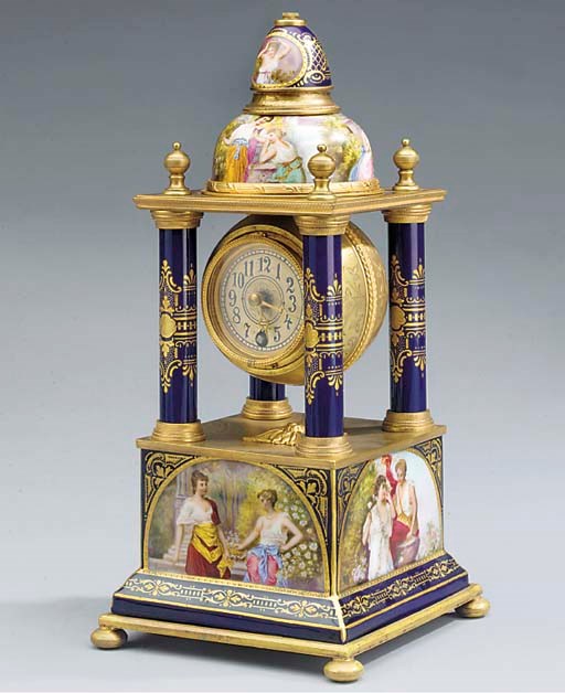 An Austrian gilt-brass mounted porcelain portico mantel timepiece, late 19th century