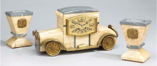 An unusual French Art Deco grey marble, onyx and gilt-brass mounted striking mantel clock and garniture, circa 1925