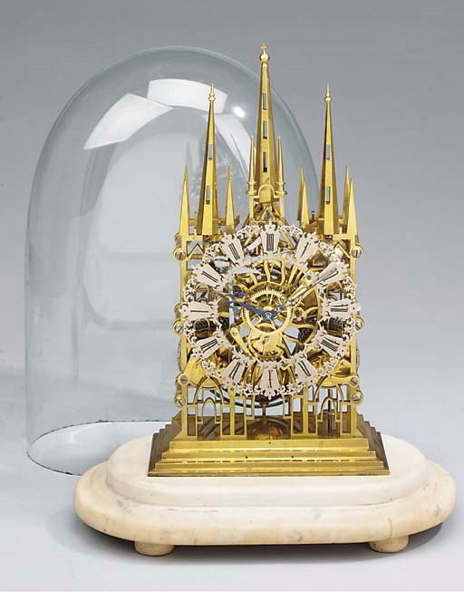 A Victorian brass and white marble Lichfield cathedral striking skeleton clock, circa 1880