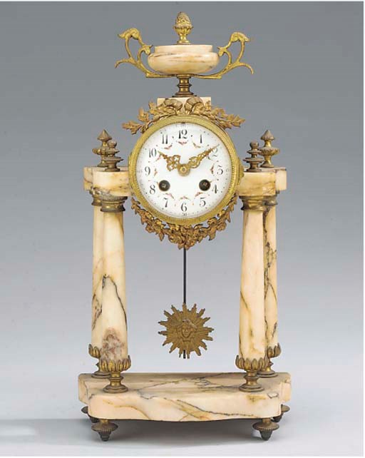 A French breccia marble and gilt-metal mounted striking portico mantel clock, circa 1910