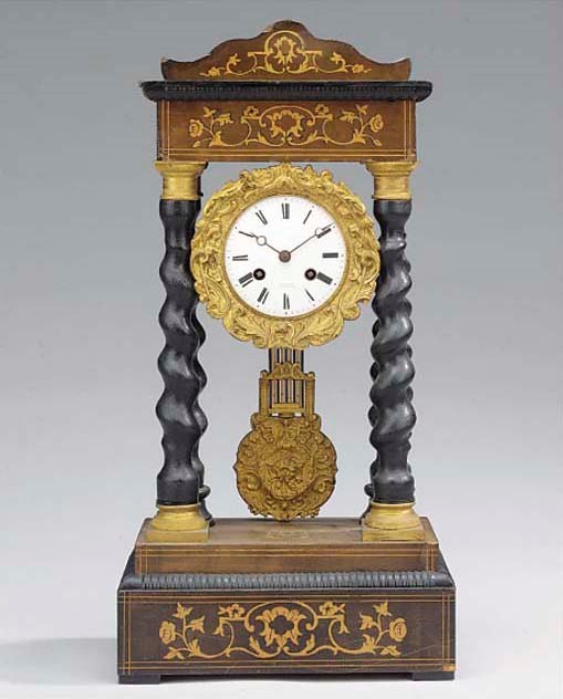 A Louis Philippe parcel-ebonised, marquetry inlaid and ormolu-mounted striking portico clock, circa 1835