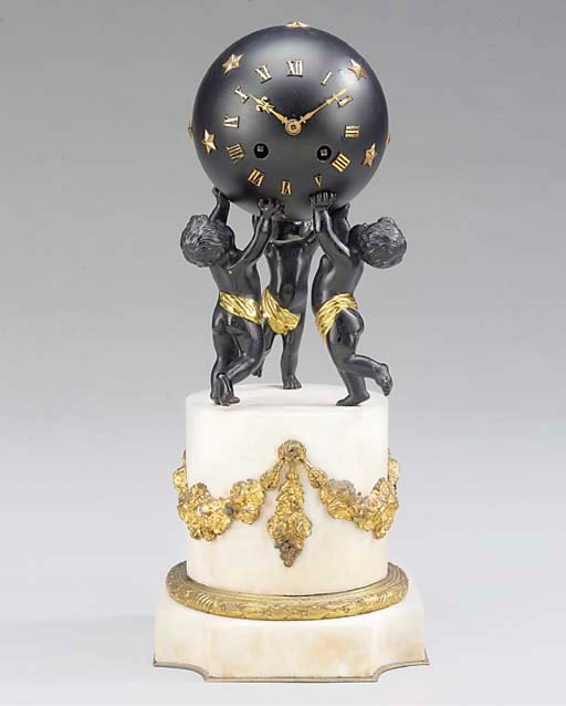 A French white marble, gilt and patinated metal striking globe clock, circa 1900