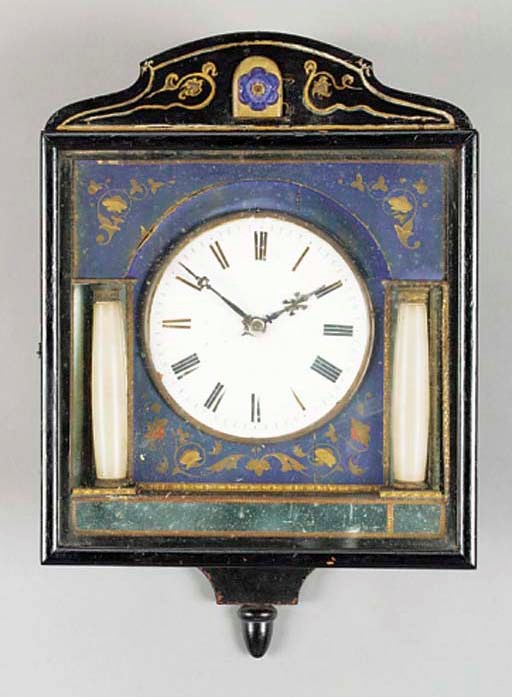 A Black Forest ebonised, painted and alabaster-mounted cuckoo wall clock, third quarter 19th century