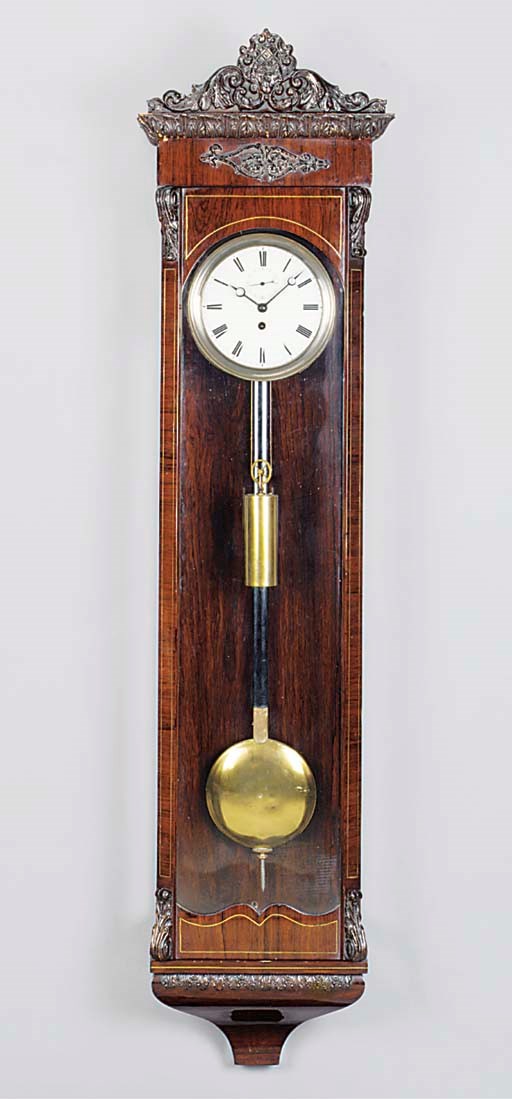 A German rosewood and brass line inlaid large Vienna wall regulator, late 19th century
