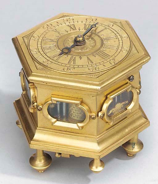 A small gilt-brass hexagonal striking table clock with pull quarter repeat, the movement circa 1700