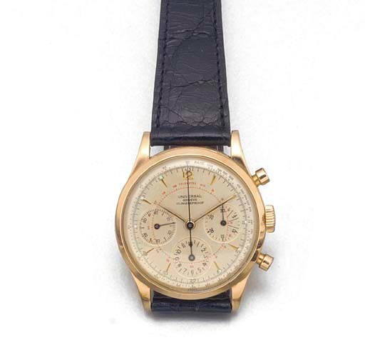 UNIVERSAL: AN 18ct. GOLD CHRONOGRAPH WRISTWATCH
signed Universal, Geneve Climateproof, circa 1950.
