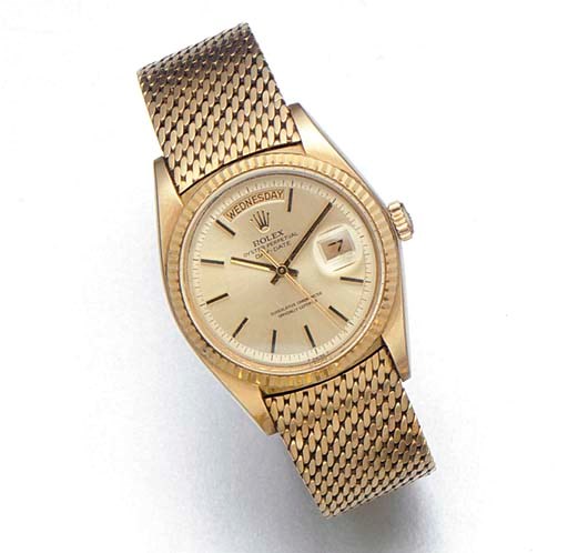 ROLEX: AN 18ct. GOLD DAY-DATE AUTOMATIC WRISTWATCH WITH CENTRE SECONDS signed Rolex, Oyster Perpetual Day-Date, superlative Chronometer Officially Certified, circa 1980.