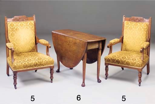 A PAIR OF LATE VICTORIAN WALNUT OPEN ARMCHAIRS