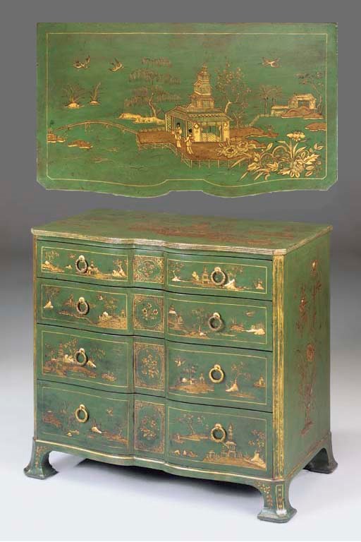 A GREEN LACQUERED CHINOISERIE DECORATED CHEST OF DRAWERS