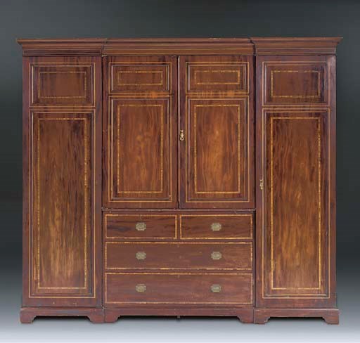 A MAHOGANY ROSEWOOD AND CHEQUER BANDED WARDROBE