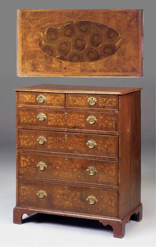 A WALNUT MARQUETRY AND OYSTER VENEERED CHEST