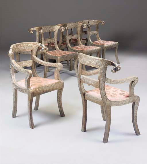 A SET OF EIGHT INDIAN SILVER METAL DINING CHAIRS