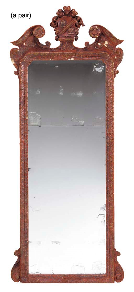 A PAIR OF GEORGE II STYLE RED PAINTED AND PARCEL-GILT MIRRORS,