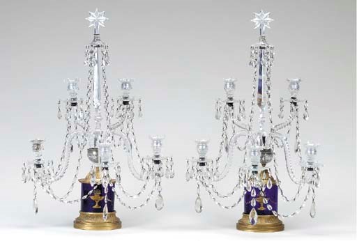 A PAIR OF GEORGE III STYLE GILT-DECORATED COBALT BLUE GLASS, GILT-METAL AND CUT-GLASS FIVE-LIGHT CANDELABRA,